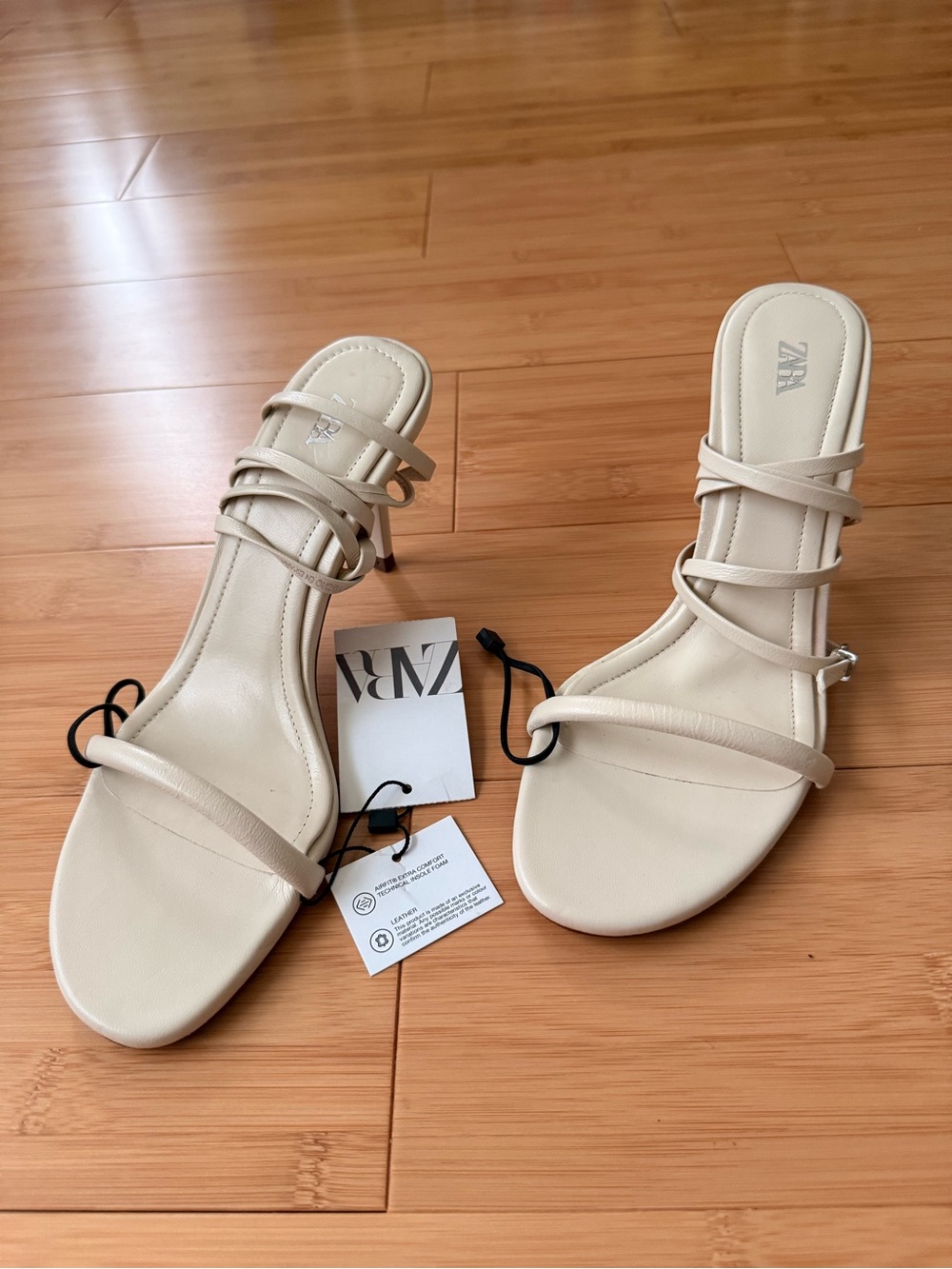Zara - High Heeled Tubular Strap Leather Sandals - Beige - Size 7.5